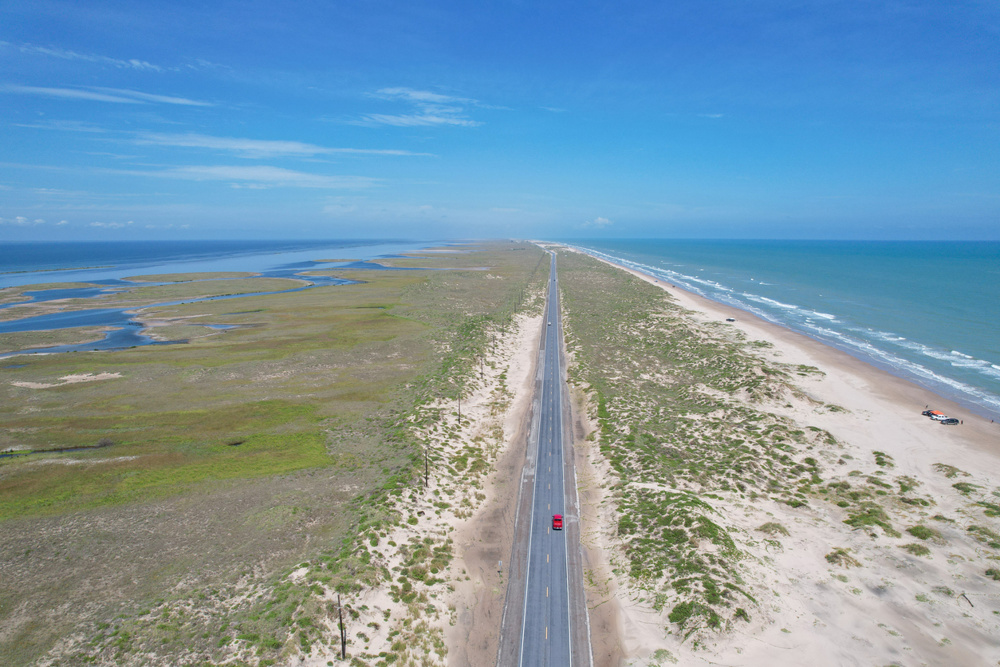 Aerial views from over the flats and sand dunes north of South Padre Island, Texas